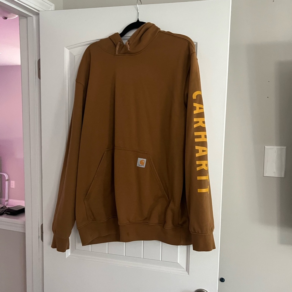 Carhartt brown hoodie with yellow logo, Size L #workwear #carhartt